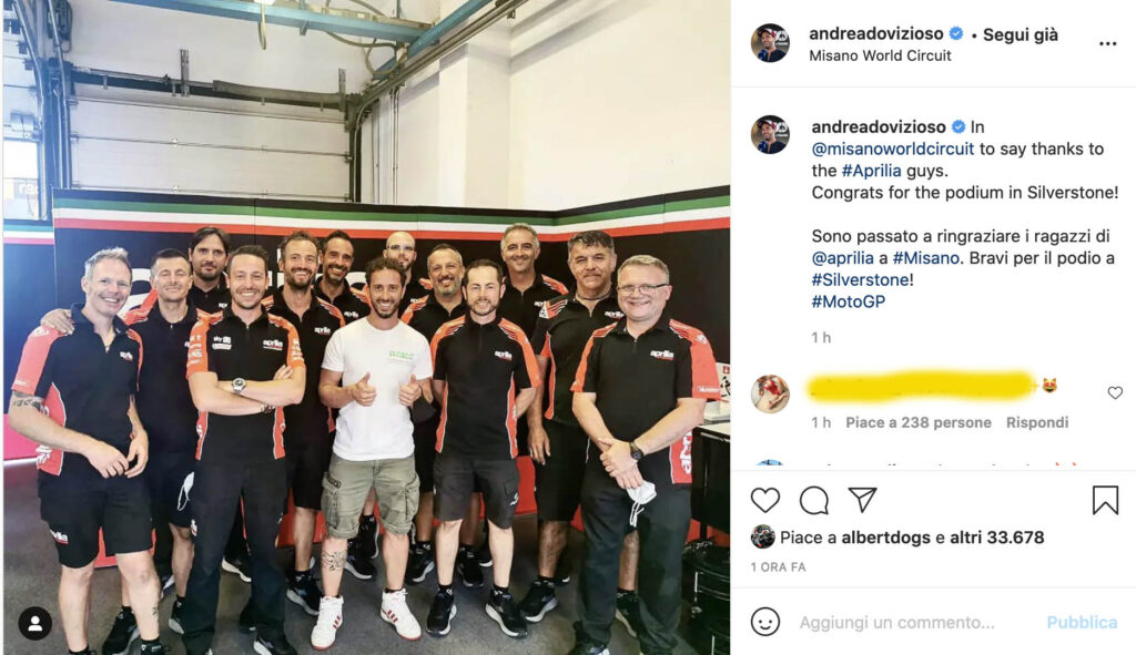 MotoGP, Dovizioso sur Instagram remercie Aprilia lors des tests de Vinales à Misano Ritratto di GPone