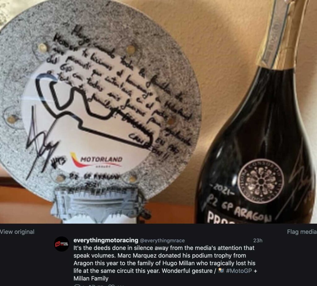 MotoGP, Marquez a fait don du trophée d’Aragon à la famille d’Hugo Millan Ritratto di GPone