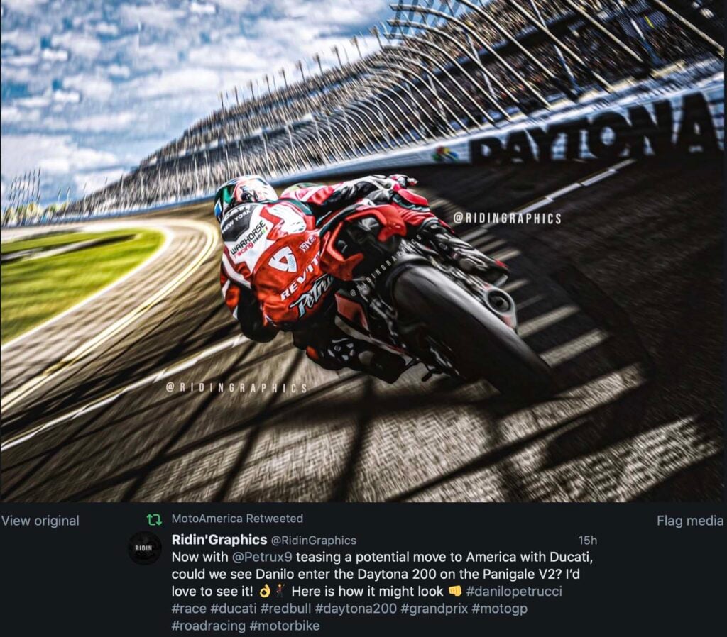 MotoGP, En Amérique, ils encouragent Petrucci au Daytona 200 miles sur la Panigale V2 Ritratto di GPone