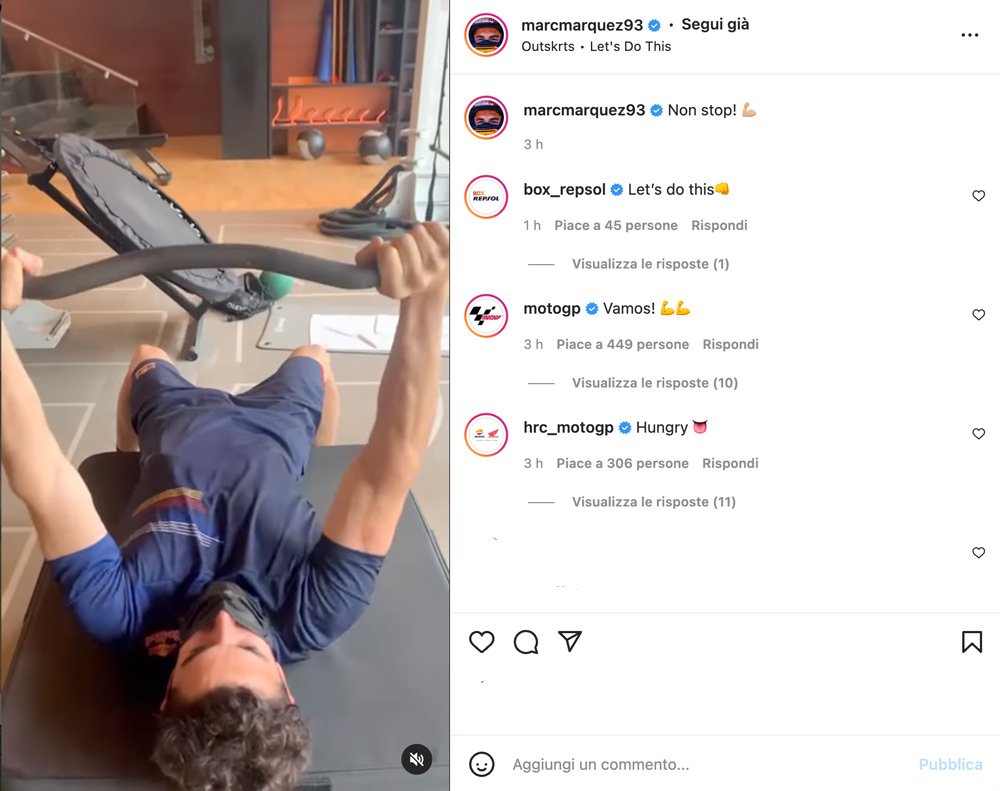 MotoGP, Marquez ne s’arrête pas et pousse à la salle de sport : “Êtes-vous prêt à repartir ?” Ritratto di GPone