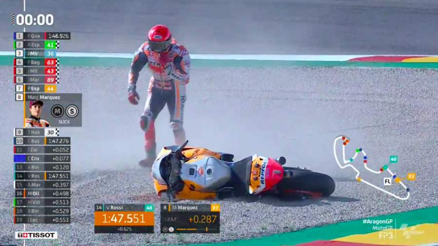 MotoGP: Quartararo risponde a Ducati e Aprilia: 1° in FP3 ad Aragon. Marquez cade