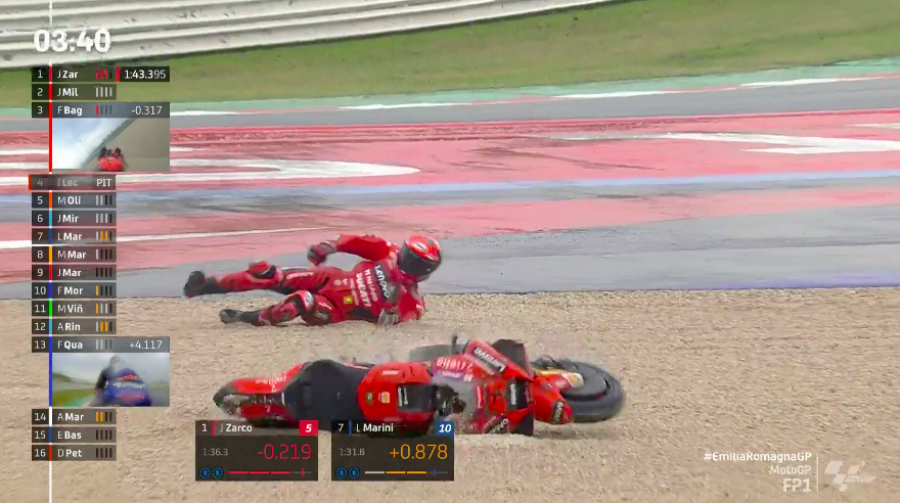 MotoGP: Zarco fa il vuoto sul bagnato in FP1 a Misano: Marquez 2°, cade Bagnaia