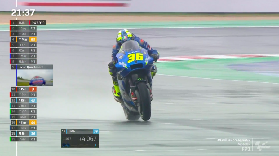 MotoGP: Zarco fa il vuoto sul bagnato in FP1 a Misano: Marquez 2°, cade Bagnaia