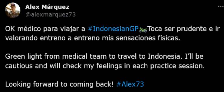 MotoGP, Alex Marquez kommer att vara i Indonesien: läkarna har gett OK