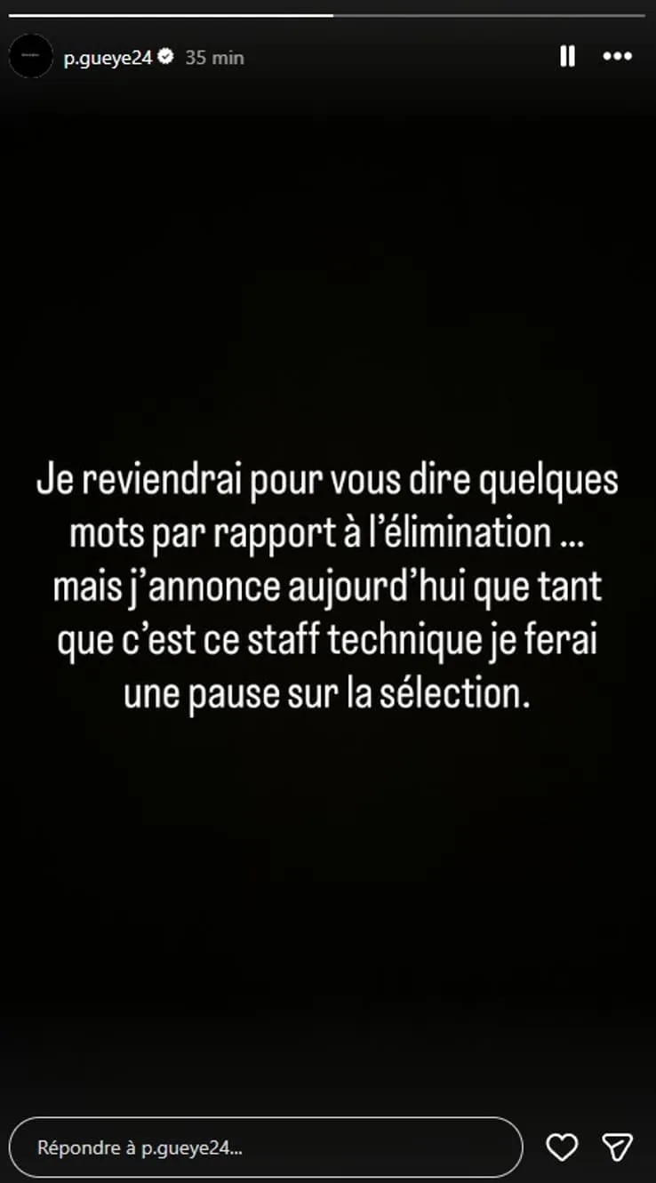 Pape Gueye affichant son message de pause sur Instagram après l’élimination du Sénégal