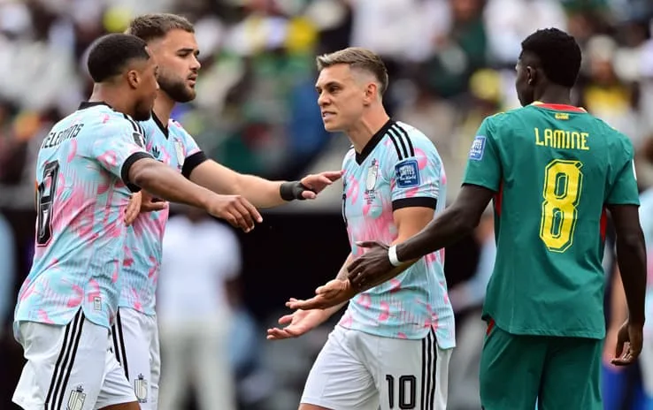 Joueurs belges célébrant le but d'égalisation lors du match Belgique‑Sénégal, Coupe du monde 2026