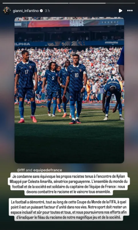Capture d’écran Instagram de Gianni Infantino dénonçant les propos racistes à l’encontre de Kylian Mbappé