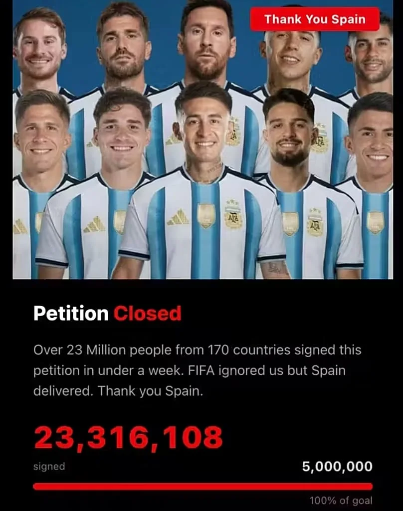 Capture d’écran de la pétition Argentina Out affichant le nombre de signatures