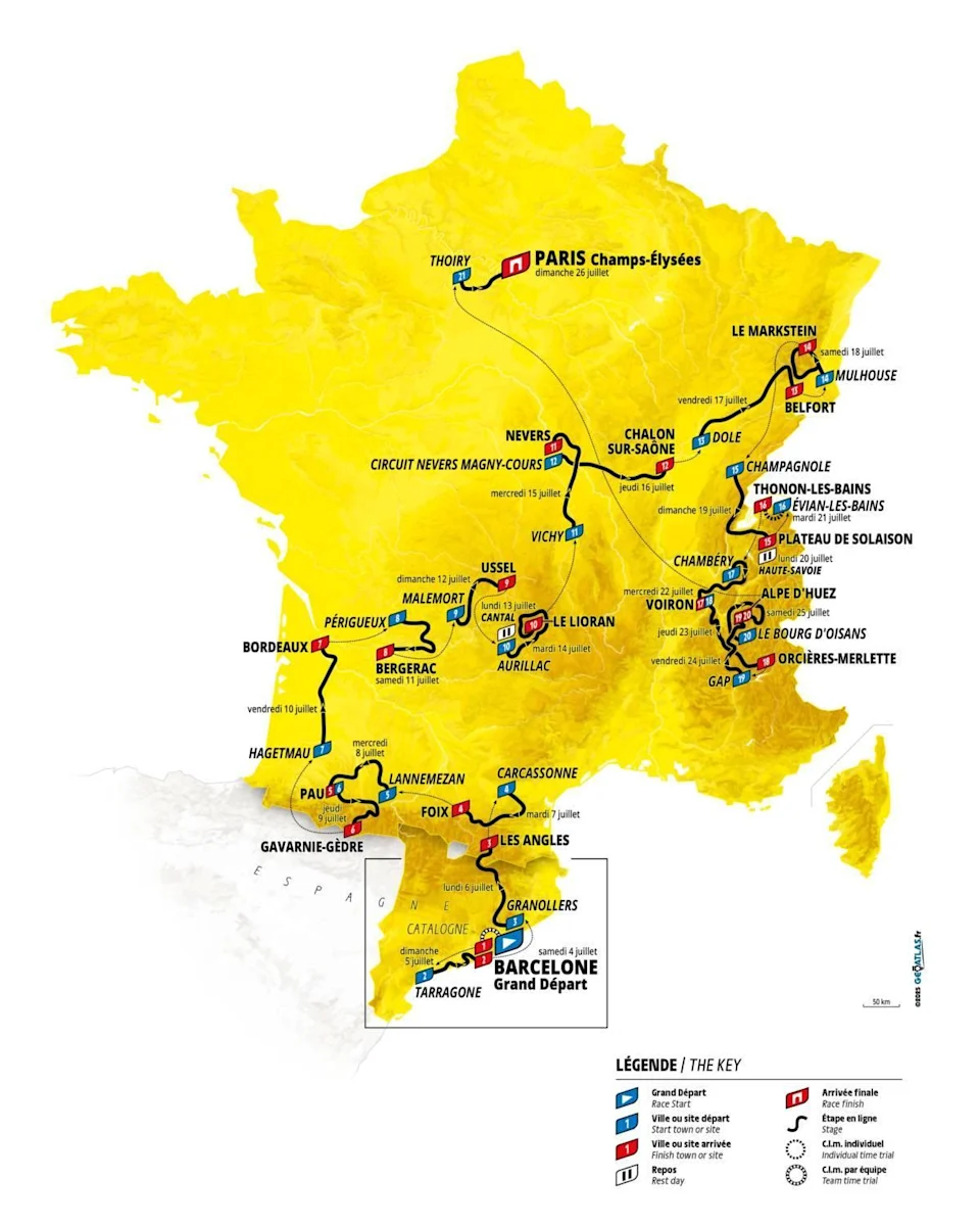 Carte complète du parcours du Tour de France 2026, affichant les cinq massifs traversés et les étapes clés