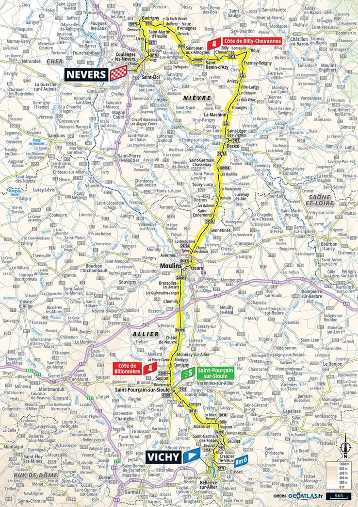 Vue aérienne du parcours entre Vichy et Nevers, montrant les zones de sprint et les deux côtes