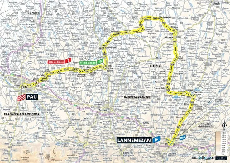 Vue aérienne du départ à Lannemezan et du parcours vers Pau