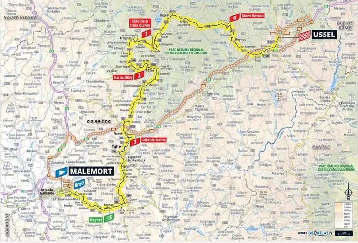 Vue d’ensemble du tracé de la 9e étape du Tour de France 2026 entre Malemort et Ussel