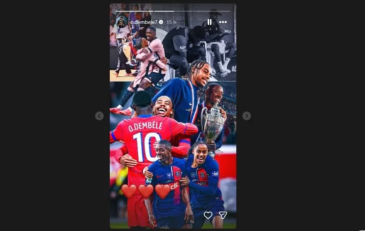 Bradley Barcola avec le maillot du Paris Saint‑Germain, échange de poignées de main avec Ousmane Dembélé